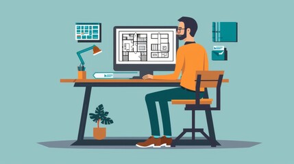 Architect using CAD software on a computer, whole body, solid color background, flat style