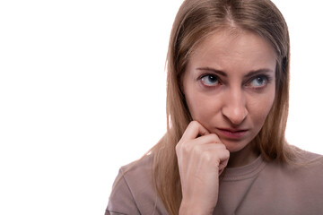 Close-up of a caucasian blond woman wearing a t-shirt