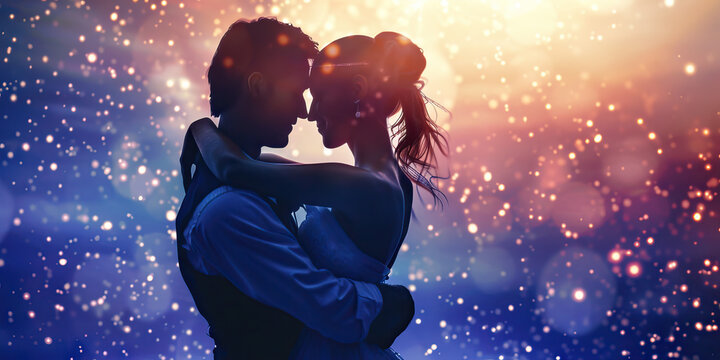 A couple dances under the stars, lost in the rhythm of the music and the embrace, their movements expressing their love for one another