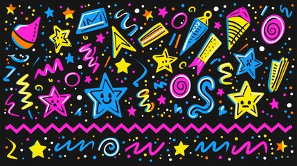 Colorful isometric stars, mesh shape with dots in dark background, colorful geometric memphis in 80s style