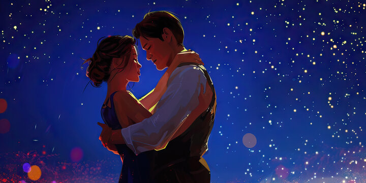 A couple dances under the stars, lost in the rhythm of the music and the embrace, their movements expressing their love for one another