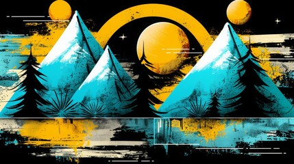 Digital retro landscape 1980's style retro wave sunset and mountain. Futuristic cyber surface. 80s Retro Sci-Fi background. View illustration in retro futuristic in the style of the 80-90s.