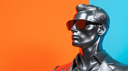 Human-like statue wearing sun glasses on colorful vibrant background. Modern and eye-catching design. 