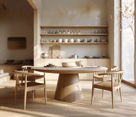 Modern dining room interior with wooden table and chairs