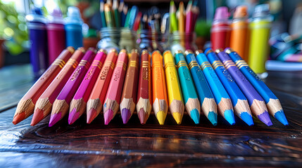 Obraz premium Photo de crayons de couleurs alignés et rangés dans une classe d'école
