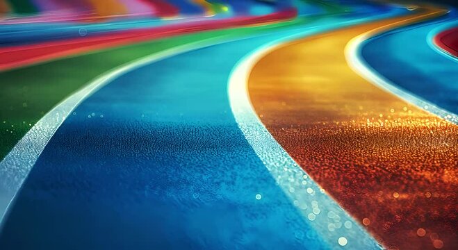 Close-up of a colorful wet athletic track with vivid hues. Detailed view of a multicolored sports track with water drops. Rain-soaked running track showing vibrant, reflective colors
