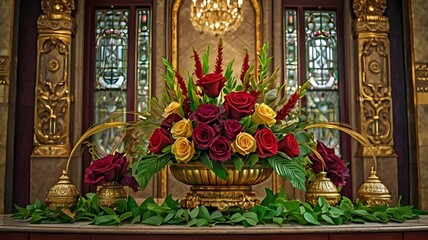 Fototapeta premium Set of flower arrangements Flower maroon green leaves and gold floral illustration for wedding card