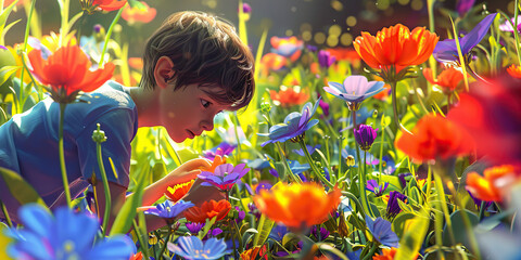 A young boy explores a vibrant garden, marveling at the colors and textures of each flower.