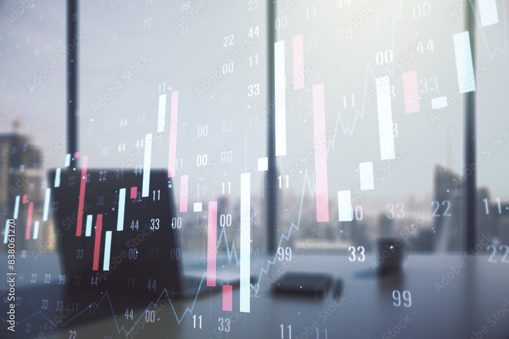 Aufkleber multi exposure of abstract financial graph and modern desktop with pc on background, financial and t