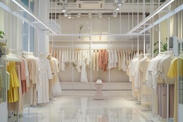 Modern interior of bright clothing store. Collection of stylish women's clothes in pastel colors on rack in empty modern boutique
