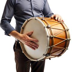 A man is holding a drum in his hands