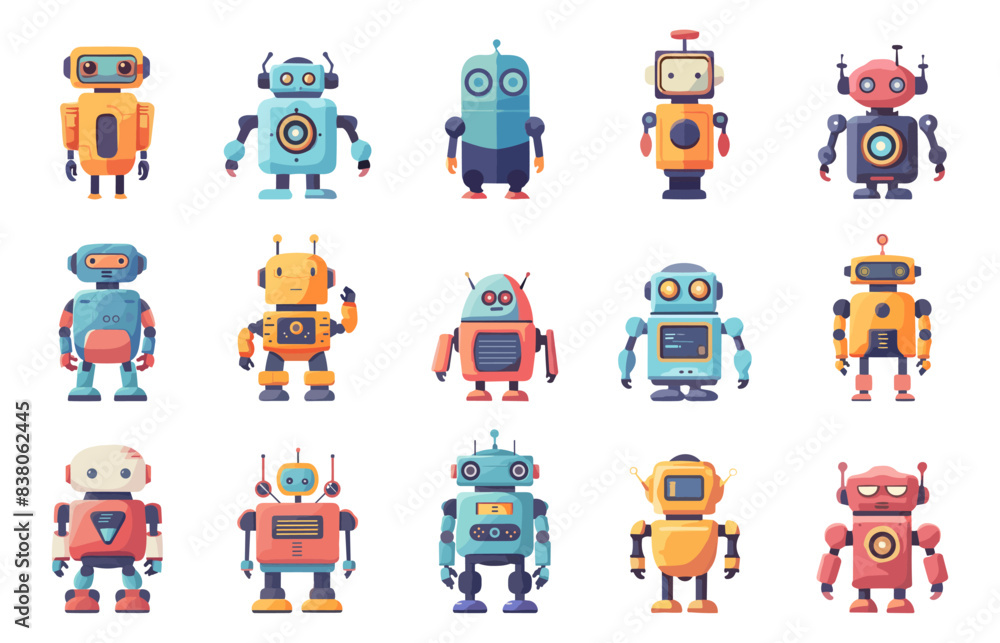 Aufkleber robots set. cyber kids toys, electric model old robot. robotic characters androids in retro style. c