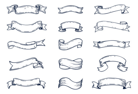 Ribbon set. Vintage design simple ribbons. Hand drawn tape blank, lable tags. Decorative banners vector collection