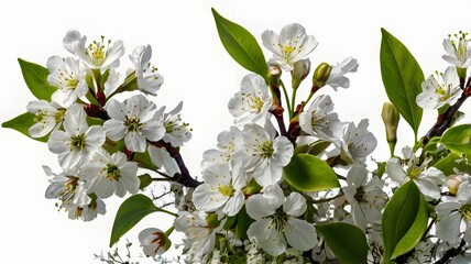 Spring floral corners arrangements with small green leaves and flowers of cherry isolated on white or transparent background. Spring header.