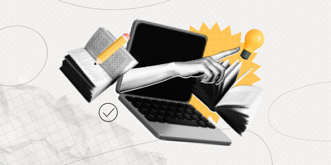 Trendy Halftone Collage Online education concept. Computer laptop with hand, floating books and lightbulb. News course, webinar. Smart thinking and brainstorming. Contemporary vector art illustration