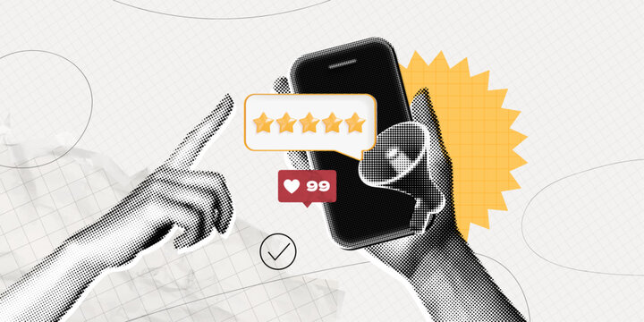 Trendy Halftone Collage Woman Hand holds Phone giving gold five star rating feedback. Best score point to review service. Five star for quality customer rating. Contemporary vector art illustration