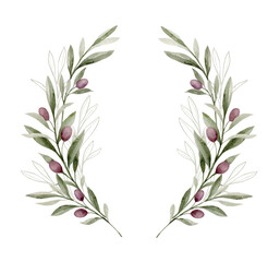 Watercolor vector frame with olive branches and green foliage. Hand painted botanical illustration. Greenery clipart for greeting cards, decoration, invitation, stationery design.