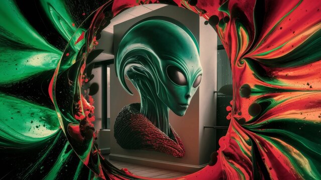 Futuristic Green Alien Portrait in Abstract Swirling Colors

