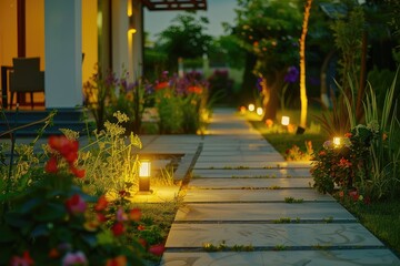 Modern gardening landscaping design details. Illuminated pathway in front of residential house. Landscape garden with ambient lighting system installation highlighting flowers plants