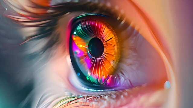 Close-up of Colorful Reflections in Eye with Ai generated.
