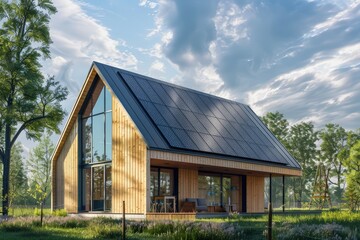 Obraz premium New suburban house with a photovoltaic system on the roof. Modern eco friendly passive house with solar panels on the gable roof