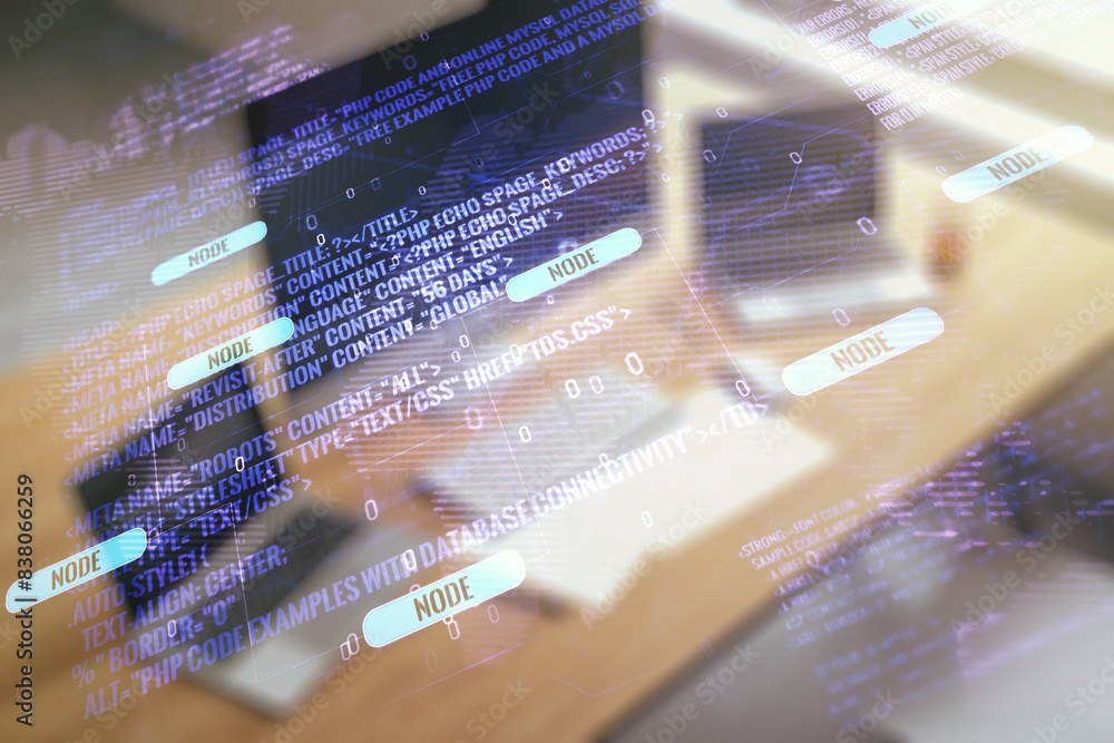Aufkleber double exposure of abstract programming language with world map and modern desktop with laptop on ba