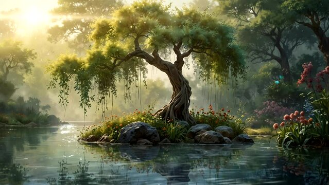 Willow Forest Background with Weeping Branches