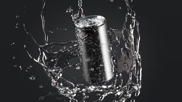 Soda can falling water splash slow motion, depth of field