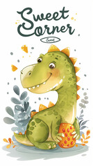 A cartoon dinosaur holding a cake. The image is titled Sweet Corner