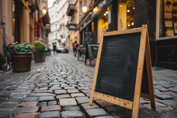 Mockup. Restaurant, cafe, bar sidewalk chalkboard sign board. Old vintage blackboard, A-board on cobblestone street in old town, shopping street