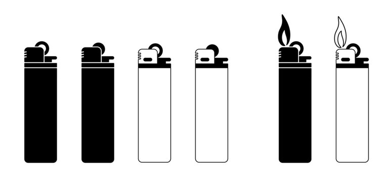 Cartoon plastic gas cigarette lighter icon. Lighters logo. For Flaming cigarette lighter. Fire symbol or logo. Smokers tools. Cigar, tobacco tool. Pocket lighter fire.