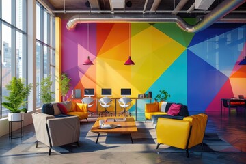 Modern interior of open co-working space with ergonomic furniture and dynamic bold colors,...