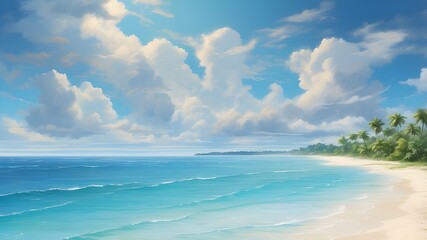 Fototapeta premium A captivating landscape portraying the allure of summer, with a tropical beach adorned with golden sand, crystal-clear turquoise waters, and a radiant blue sky adorned with fluffy white clouds.