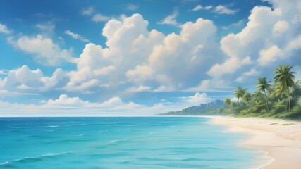 A captivating landscape portraying the allure of summer, with a tropical beach adorned with golden sand, crystal-clear turquoise waters, and a radiant blue sky adorned with fluffy white clouds.