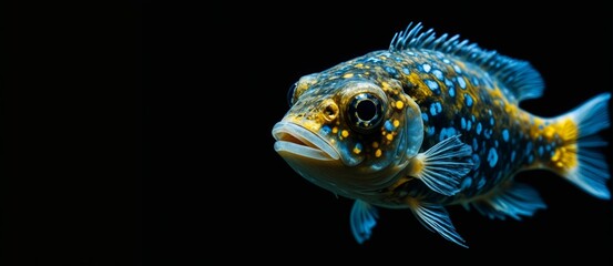 Fototapeta premium blue fish with a yellow stripe swims in dark water
