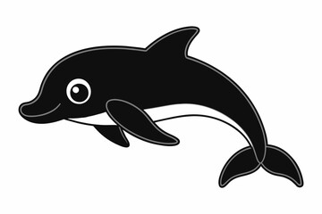 Naklejka premium Silhouette of cartoon dolphin isolated on a white background. Black dolphin illustration in a simple design. Concept of animal illustration, marine life, minimalistic design, aquatic icon