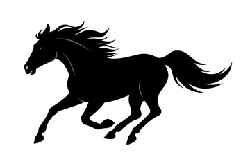 Obraz premium Black silhouette of a running horse isolated on a white background. Concept of wild animal illustration, minimalist style, galloping equine. Print, icon, logo, template, pictogram, element for design