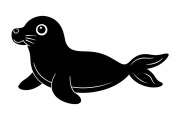 Black silhouette of a sea lion isolated on a white background. Minimalist style marine animal illustration. Concept of wildlife, cute sea lion, icon, logo, element for design