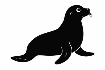 Black silhouette of a seal isolated on a white background. Concept of marine animal illustration, minimalist style, cute baby seal. Print, icon, logo, template, pictogram, element for design.