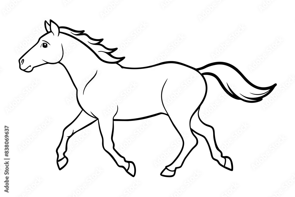 Wall mural black and white outline illustration of a running horse isolated on a white background. concept of w