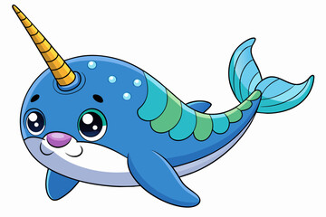 Cute cartoon narwhal illustration isolated on white background. concept of marine animal, adorable ocean creature, aquatic life. print, icon, logo, design element for kids art and illustration