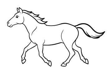 Obraz premium Black and white outline illustration of a running horse isolated on a white background. Concept of wild animal illustration, minimalist style. Print, icon, logo, element for design