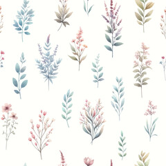 Vector floral seamless pattern with wild flowers, herbs and grasses. Pastel colors on white background. Delicate field flower and herb illustration.