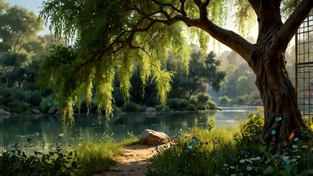Willow Forest Background with Weeping Branches