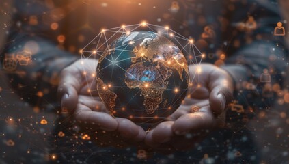A person holding the Earth in their hands, with glowing connections between cities and global network lines around it.  Business photo.