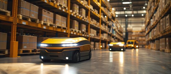 Autonomous Robots in Modern Warehouse with Shelves of Boxes and Packages, Advanced Technology in Logistics and Supply Chain Management, Efficient and Innovative Storage Solutions