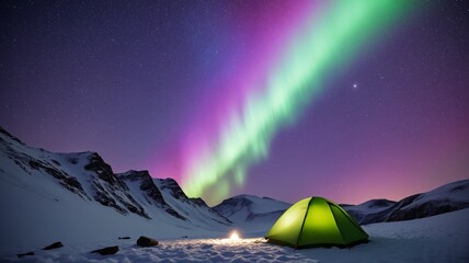 a green tourist tent stands in the middle of snow-capped mountains at night against the backdrop of the northern lights