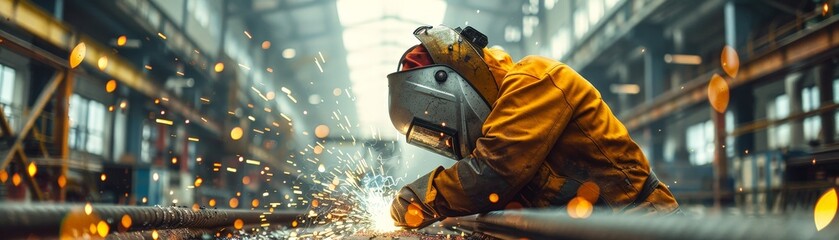 Fototapeta premium Industrial Welder in Action: Skilled Worker Welding Metal in a Factory with Sparks Flying, Showcasing Precision and Craftsmanship in a Modern Industrial Setting
