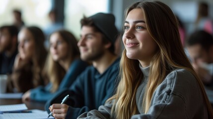 Fototapeta premium Engaged college student enjoying a lecture, seated in a bright classroom