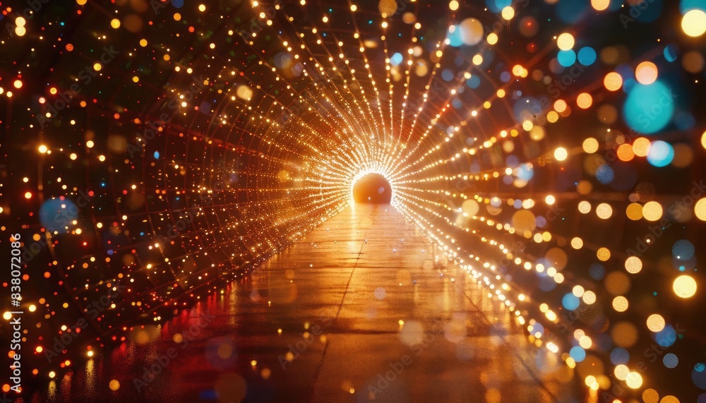 Poster a stunning visual of a tunnel illuminated with bright, colorful lights, creating a mesmerizing and d